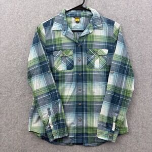 Eddie Bauer Shirt Women's Small Travex Mountain Blue Plaid Roll Tab Button Up